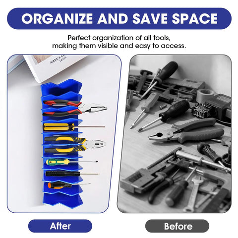 2 Pack Pliers Organizer Rack With Nonslip Base, 10 Slot Drawer Plier Tray holding various hand tools in blue extendable holder.