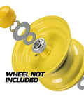 Heavy Duty Front Wheel Bushing To Bearing Conversion Kit With Hi Temp Grease Ditch The Grind Straight Up Roll In Smooth Maintenance Free Bearings Sweet Gear Swap For John Deere Lawn Tractors components including yellow wheel and bearing.