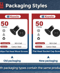 50 Piece Heavy Duty Flat Head Socket Cap Screws Built From Kickass Carbon Steel For Slick Assembly Work show old and new packaging.