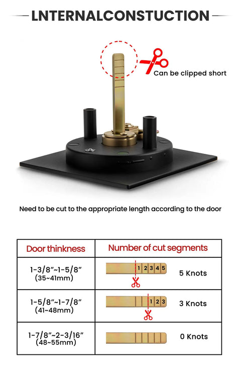 Matte Black Pocket Door Lock Set internal construction diagram showing customizable length for different door thicknesses.
