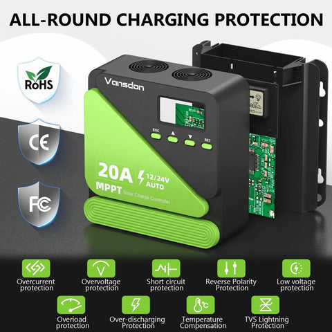 20A MPPT Solar Charge Controller With Adjustable LCD And Timer Dual USB Ports 12V 24V Auto Detect for RVs and boats