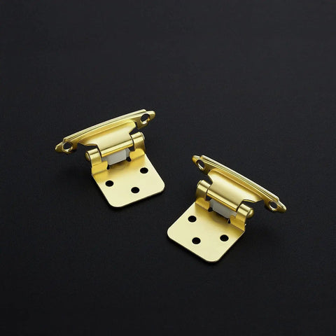 Heavy Duty Gold Cabinet Hinges Half Inch Overlay 30 Pack With Black Screws And Silent Door Bumpers on dark background