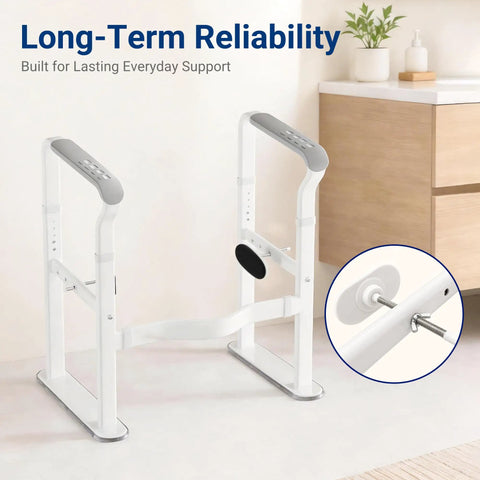 Bombproof Toilet Safety Rails With 500 Lb Capacity For Seniors And Elders, Adjustable Grab Bars, heavy duty metal assist frames in bathroom setting.