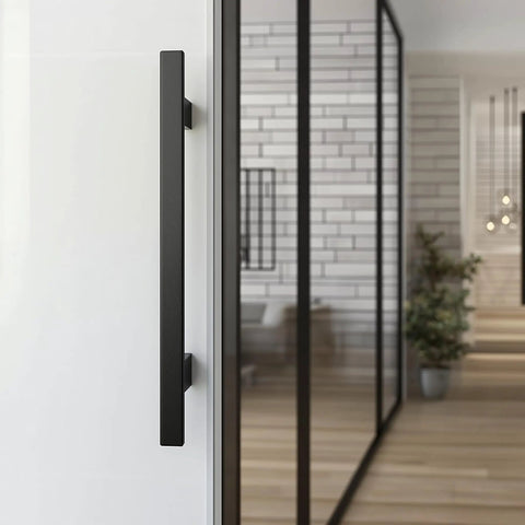 12 Inch Solid Stainless Steel Push Pull Door Handle Set For Barn Glass Doors Heavy Duty Built To Last 304 Stainless Steel Standoffs Matte Black Finish And Glass Pulls on white glass door