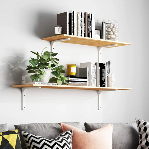 Rock Solid White Heavy Duty L Brackets For Wall Shelves 8 By 6 Inch Thick Steel Shelf Support with books and plants on display.