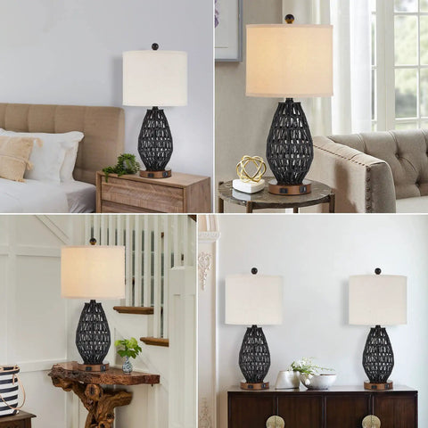 Touch Control Rattan Table Lamps Set Of 2 With 3 Way Dimming USB Ports And AC Outlet in bedroom and living room settings