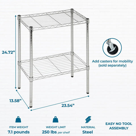 Heavy Duty Chrome Wire Shelving Rack With Two Adjustable Tiers And Rust Resistant Finish, 24.72" height, steel, ideal for garage or kitchen.