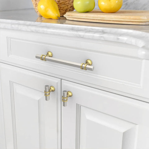 Premium Brushed Satin Nickel And Gold Cabinet Pulls 10 Pack Featuring 5 Inch 128mm Spacing on white kitchen cabinets.