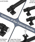 Features of Matte Black 6 Pack Stainless Steel Cabinet Handles With Zinc Alloy Base T Shaped Drawer Pulls 2.5 Inch Hole Centers