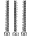 Three stainless steel hex bolts with threaded shafts and knurled heads for mechanical applications.