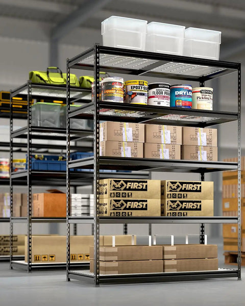 Built Tough Five Tier Heavy Duty Metal Shelving Unit With 4000 Lb Capacity, Adjustable Modular Rack for garage storing boxes and tools.