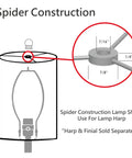 Diagram showing spider construction for Transitional Drum Lamp Shade With Spider Construction Beige Faux Linen Fabric And Gold Print 12 Inch Wide Brass Fitter 12x12x10 Slant Height Harp Attachment Compatible Clean Modern Vibe. Includes measurements for the harp attachment and instructions for use with lamp harp. Harp & finial sold separately.