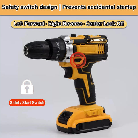 Heavy Duty Brushless Cordless Drill Driver With Copper Motor, Adjustable Torque And Stepless Variable Speed Trigger For No Nonsense Job Site Performance showing safety switch design and adjustable features.