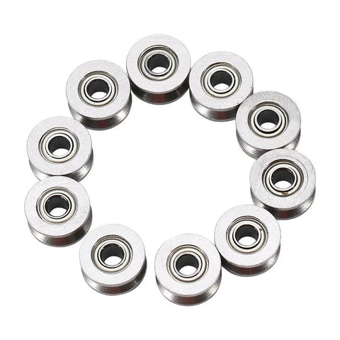 Built Tough Mini Ball Bearings Featuring A Slick U Groove Design And Heavy Gauge Carbon Steel For Silky Smooth Rail Track Glide And Rock Solid 4X13X7MM Performance In A 10 Pack Pro Hardware Kit displayed in a circular arrangement.