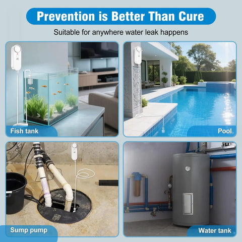 Water Level Alarm Sensor for Basements with 100 dB Sump Pump Alarm and 78 Inch Detector Cable, shown in fish tank, pool, sump pump, and water tank applications.
