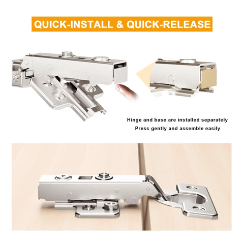 2 Pack Full Overlay Soft Close Cabinet Hinges for Frameless European Kitchens, showing quick-install clip-on design on 35mm cup.