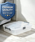 Four Pack Clear Plastic Storage Bins With Write On Latching Lids Modular Stackable Organizer Boxes For Closet Bedroom Garage Office on wooden floor.