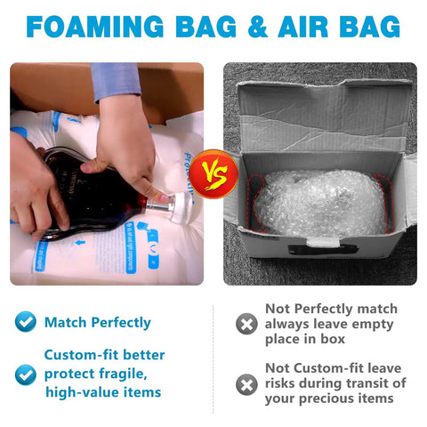 Comparison of Duo Pack 15 By 18 Inch Fast Expand Instant Cushioning Foam Bags with traditional air bags for shipping.