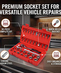 Knock Out Tough Shop Tasks With This Badass 3/8 Inch Drive 36 Piece Socket Ratchet Wrench Set Packing Smooth Chrome Steel Extensions And Universal Joints For Every Home Garage Project in red case.