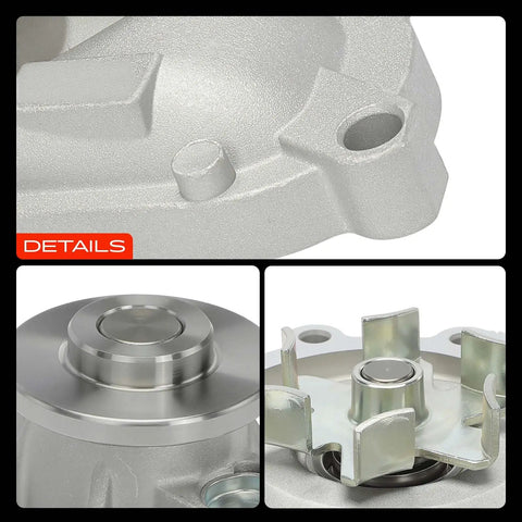 No Drama Engine Water Pump Kit For Volvo S80 And Xc90 With Gasket, close-up of aluminum housing and metal impeller.