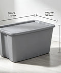 Kickass 30 Gallon Heavy Duty Plastic Storage Bin With Secure Snap Lid For Garage Organization Seasonal Gear Sorting And Everyday Essentials in matte gray finish, showcasing dimensions.
