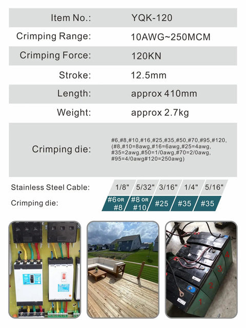 Specifications of 12 Ton Hydraulic Wire Crimper With 10 Die Set, includes images of wiring and crimping tool in use