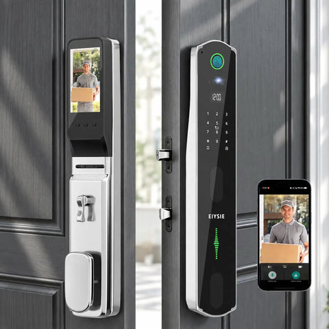 Wifi Video Doorbell Smart Lock Featuring Eight Keyless Methods Palm Vein Facial Recognition Fingerprint Pin Card App Control For Heavy Duty Home Security Zero Sweat Tight Security Setup displayed on a wooden door with an HD camera and smartphone.
