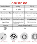 Specification table for M5 Inductive Proximity Sensor Shielded Type LJ5A3 1mm Sensing Distance 10-30 VDC with cable and features icons