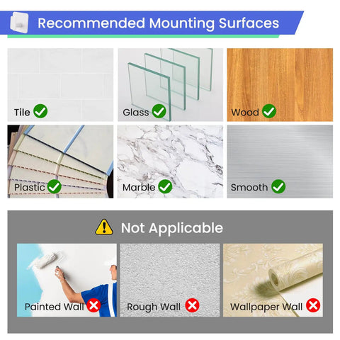 Recommended surfaces for Heavy Duty Adhesive Wall Hooks That Hold Like A Champ, including tile, glass, and wood.