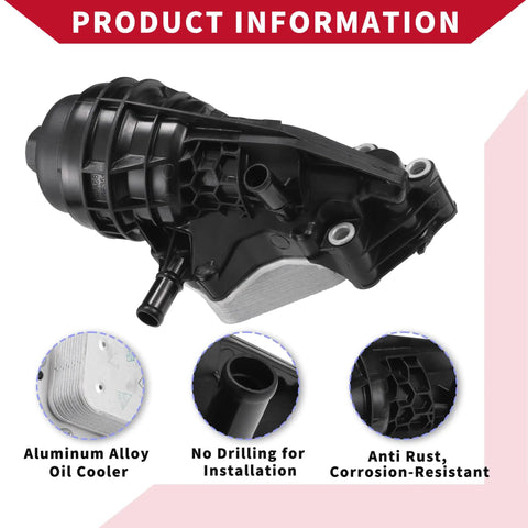 Battle Ready Engine Oil Cooler And Oil Filter Housing Adapter Kit With Beefy Aluminum Construction And Clean O Ring Seals For Mercedes Benz Cla250 Front Cooling Tune Up, side view of oil cooler with connectors.