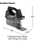 Big Time Slick And Kickin Six Speed Electric Hand Mixer With Quick Burst Function with snap-on case, measuring 9.6" x 9.4" x 5.8".