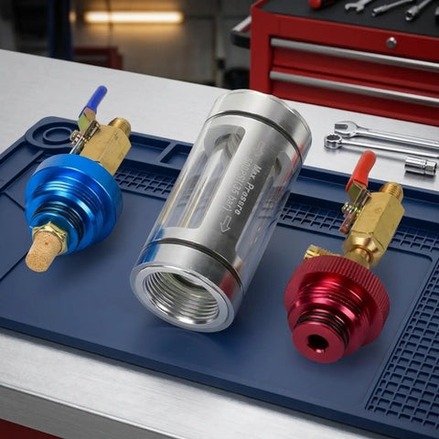 Fabuleta Auto Ac Refrigerant Oil Filter Kit With Clear Visual Inspection Tube, includes brass fittings and transparent filter.
