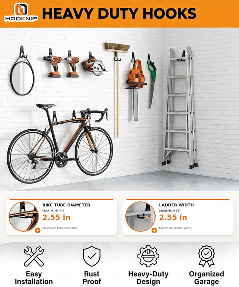 Top Shelf Garage Wall Hooks 3 Pack Heavy Duty Steel Square Storage Rack Built Like A Tank To Hang Your Bikes And Yard Gear Without Any Stress Or Extra Work Today on a white wall with tools and a bike.