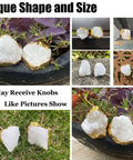 Set Of Natural White Quartz Geode Cabinet Knobs With Gold Plated Drawer Pulls Unique Irregular Crystal Stone Hardware total in various natural shapes.