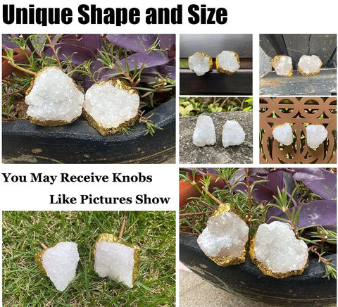 Set Of Natural White Quartz Geode Cabinet Knobs With Gold Plated Drawer Pulls Unique Irregular Crystal Stone Hardware total in various natural shapes.