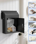 Rainproof Heavy Duty Mailbox Door Drop Box with Galvanized Steel, shown mounted with door open containing mail, black finish.