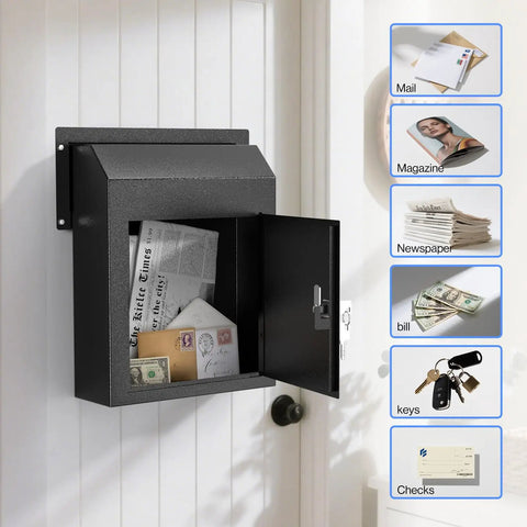 Rainproof Heavy Duty Mailbox Door Drop Box with Galvanized Steel, shown mounted with door open containing mail, black finish.