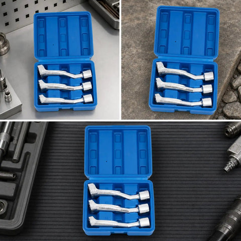 Premium Half Inch Offset Socket Wrench Featuring Angled Head That Grips Beat Up Fasteners In Squeezed Engine Compartments Built From Heavy Duty Alloy Steel With Rugged Storage Case in blue case.