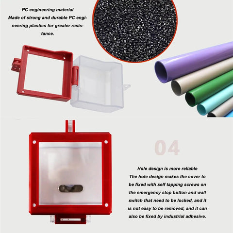 Emergency Stop Button Cover Lockout Box Type Transparent Push Button Switch Protector, wall-mountable, in rugged PC plastic