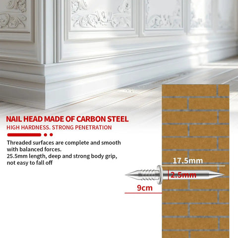 200 Pack Double Head Skirting Nails With Seamless Threads For Solid Wood Baseboards And Molding. Carbon steel nail head with dimensions on a solid surface.