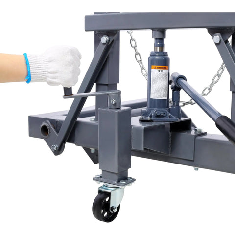 Heavy Duty Adjustable Height Dual Wheel Dolly With 1500 Lbs Lift Capacity for rig moving, showcasing hydraulic jack lever in use.