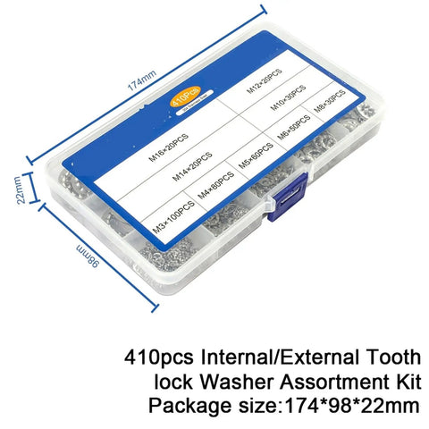 Internal Star Tooth Lock Washers Assortment Kit With 410 Pieces Heavy Duty Metal Construction in blue and white box