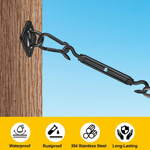 Tough As Nails 304 Stainless Shade Sail Hardware Kit 6 Inch Matte Black shown mounted on wood with turnbuckle and hook.