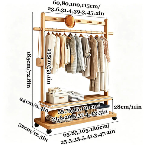 Heavy Duty Bamboo Rolling Clothing Rack With Wheels And Storage Shelves Hella Sturdy Garment Stand Featuring Five Durable Hooks For Versatile Decor with hanging clothes and storage.