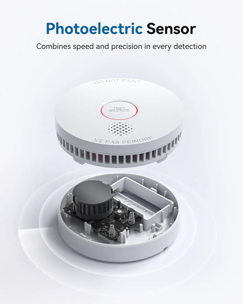 Top Shelf Photoelectric Smoke Detector With 9V Battery Operation And Ultra Sensitive Slow Smoldering Fire Alert showing internal components and sensor.
