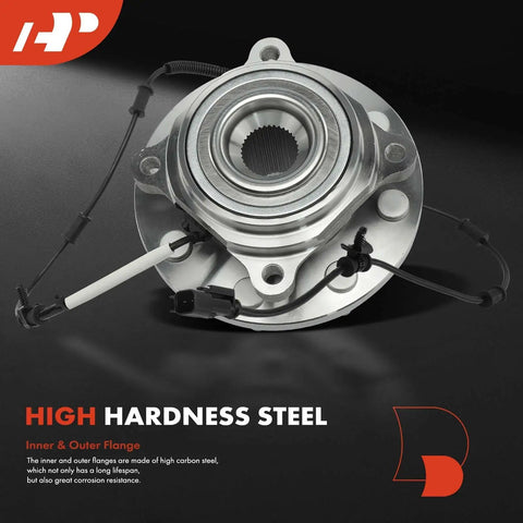 Close-up of 2 Piece Front Wheel Bearing and Hub Assembly with ABS Sensor for Dodge Ram 2500 3500 2014-2018, featuring high hardness steel.