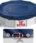 Heavy Duty 18 Ft Round Winter Pool Cover For Above Ground Pools In Navy Blue Featuring Straight Up Bulletproof Mesh Fabric And Damn Tough Polyethylene Coating For Legit Debris Shield Year Round on pool.