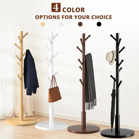 Freestanding Wooden Coat Rack With Eight Rounded Tip Hooks Three Adjustable Heights Hat And Coat Tree Stand For Entryway Hallway Bedroom Or Office Sturdy Brown Finish in four colors