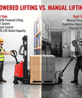 Comparison of Heavy Duty Semi Electric Pallet Stacker High Lift Pallet Jack with 3500 Lbs Capacity and manual lifting.