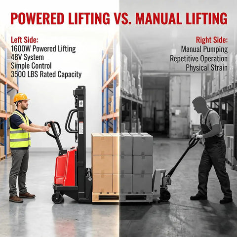 Comparison of Heavy Duty Semi Electric Pallet Stacker High Lift Pallet Jack with 3500 Lbs Capacity and manual lifting.